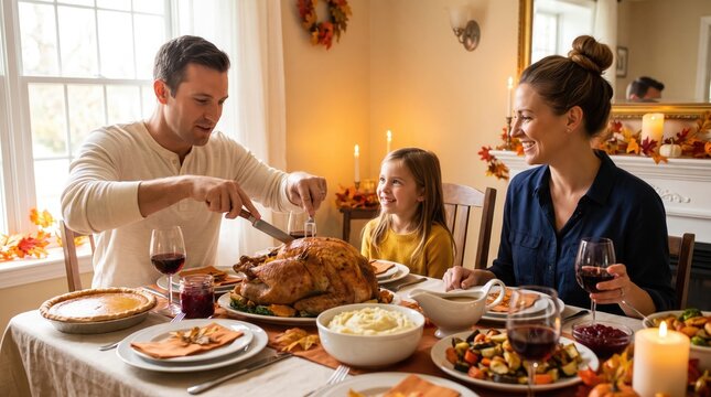 Family gathers around a beautifully set table enjoying a warm thanksgiving dinner together