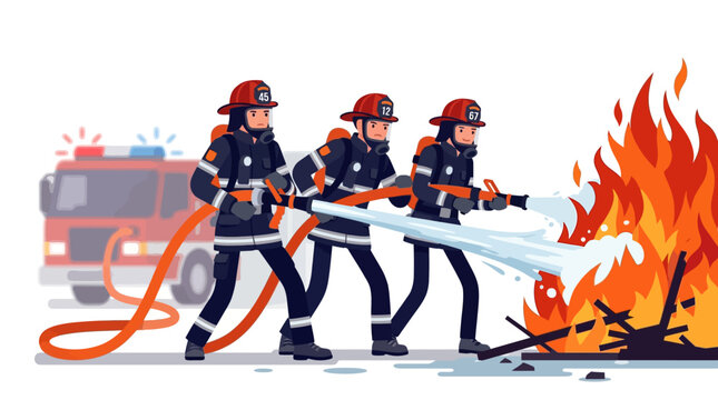 Firefighters extinguishing blaze with hoses in emergency response scene