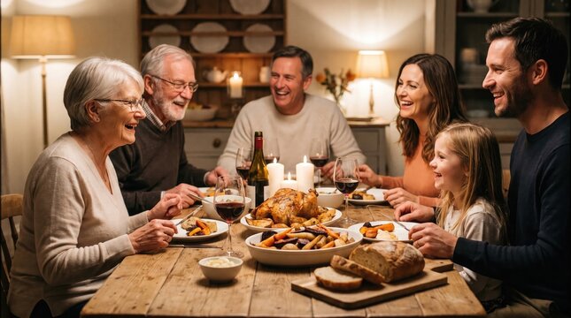 Warm family gathering around a festive dinner table with smiling faces and delicious food