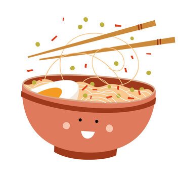 Bowl of noodles with boiled egg, green peas and red seasoning, chopsticks above. Flat cartoon illustration. Asian food concept. Design for poster, print, sticker, card