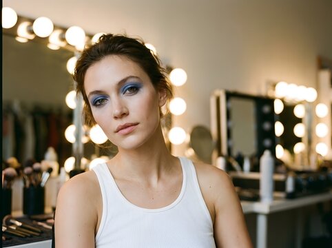 Young woman with professional makeup in a bright backstage dressing room studio