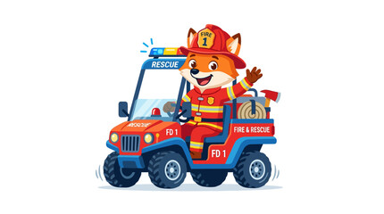 Fototapeta premium Cheerful cartoon fox firefighter driving a rescue vehicle