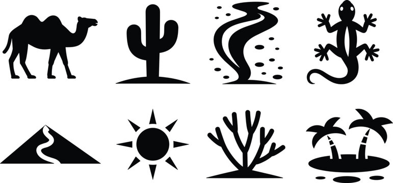 Desert landscape icons set including camel cactus sandstorm lizard dune sun tumbleweed oasis for wildlife nature vector design