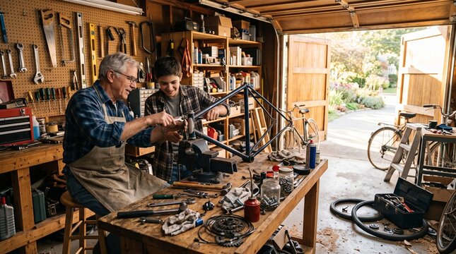 Senior man and teenager fixing a bicycle frame together in a home workshop