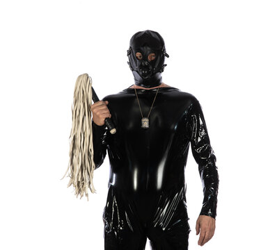 Fetish man in black latex isolated on white background