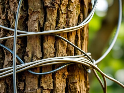 Close-up of a tree trunk with wires and cables wrapped around it, sustainable technology, nature