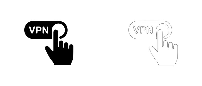 Finger pressing VPN toggle switch vector icon filled and outline, virtual private network activation symbol.