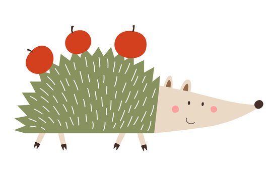 Hedgehog carrying three red apples on green spiny back. Flat illustration. Autumn harvest and woodland animal concept. Design for poster, print, banner, sticker, greeting card, postcard.