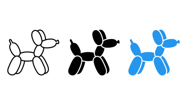 Set of balloon dog icons in outline, solid black, and blue styles