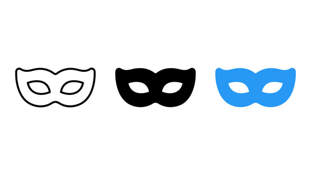 Set of three masquerade masks in outline, solid black, and blue styles, representing carnival, mystery, and party themes