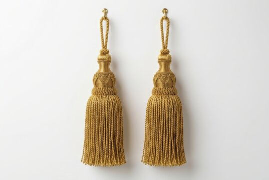 Pair of Elegant Golden Decorative Tassels for Curtains and Home Decor Isolated on White Background