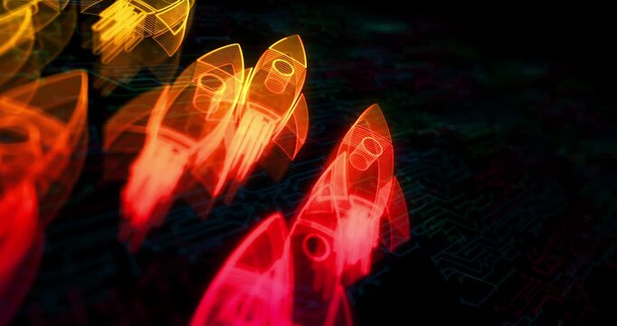 Startup business rocket launch hologram symbol appears on a electronic circuit background. Network, cyber technology and computer abstract concept.