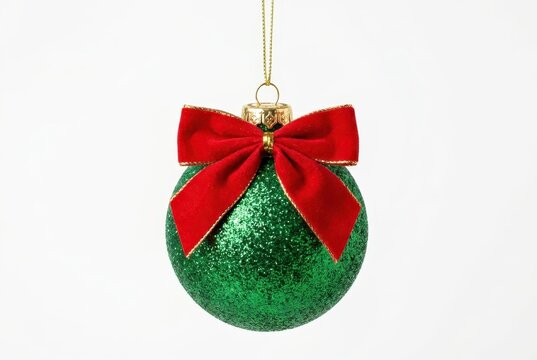 Green Glitter Christmas Bauble with Red Velvet Bow Isolated on White Background for Holiday Decoration