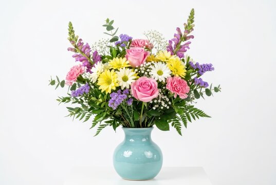 Beautiful Mixed Flower Bouquet with Pink Roses and Yellow Daisies in a Blue Ceramic Vase on White Background