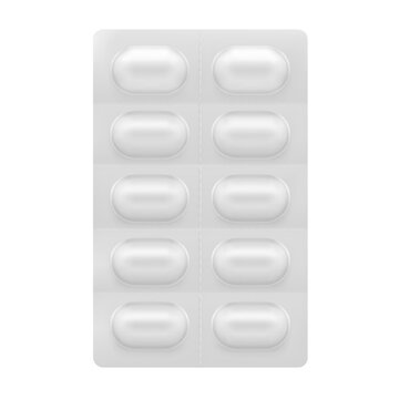 Silver blister packaging mockup with capsule pills for design, branding, presentation. 3D hight realistic vector illustration isolated on white background. Scalable, editable. EPS10.