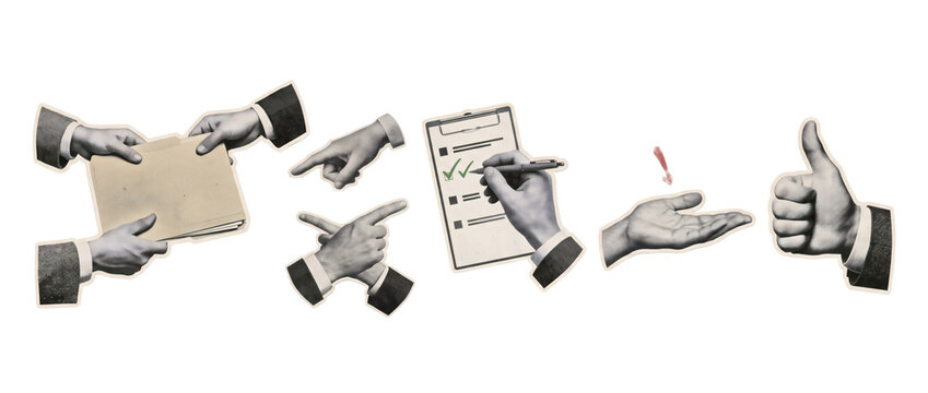 Vintage collage of multiple hands reviewing papers, checklist, and approval steps for collaborative document review workflow on a transparent background, with paper texture, with colored accents.