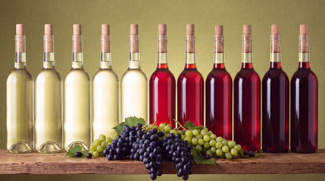 bouteilles de vin rouge et blanc, verres de vin,  grappes de raisin