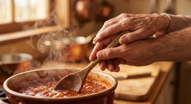 Close view of older and younger hands stirring a steaming pot of food together
