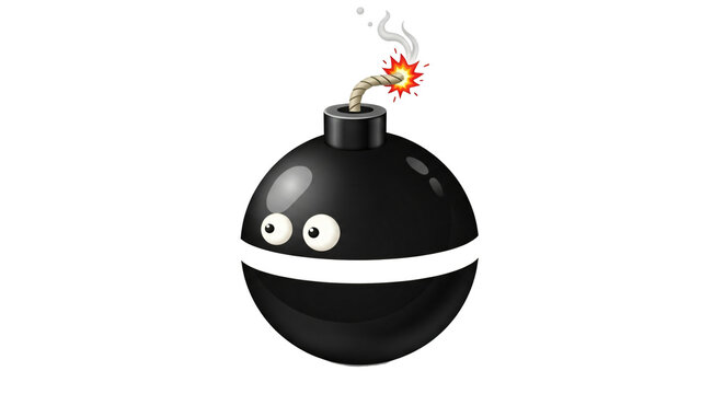 Cartoon Black Bomb Character with Eyes and Lit Fuse on White Background