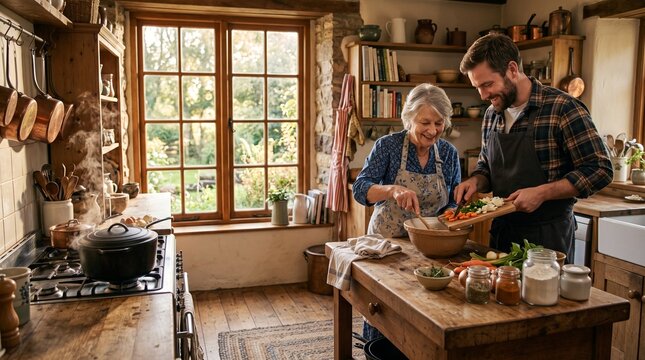 Senior woman and adult man preparing fresh vegetables in a cozy kitchen