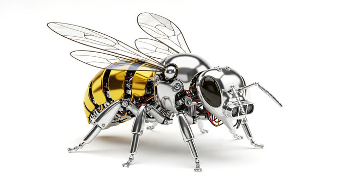 Futuristic Metallic Bee Robot with Transparent Wings in White Background
