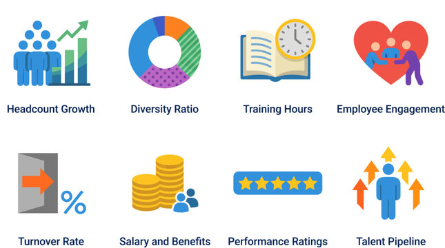 This infographic presents essential HR metrics showcasing various aspects like headcount growth, diversity ratio, and employee engagement, aiming to enhance workplace culture.