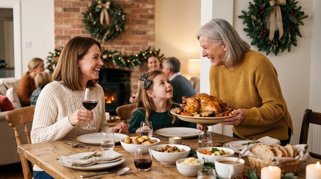 Warm family gathering around a dining table with a festive holiday meal and decorations