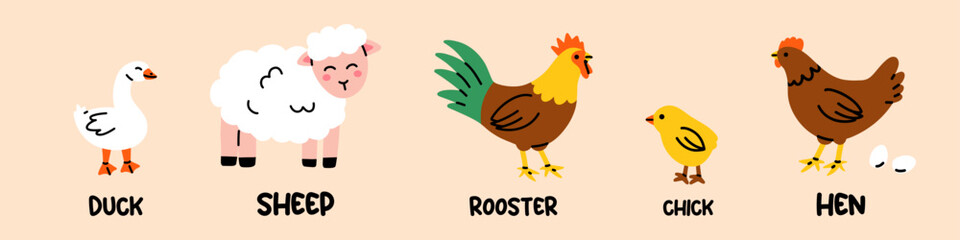 Fototapeta premium Vector set of cute farm animal illustration with duck, sheep, rooster, chick and hen on pastel background. Funny educational poultry character for kid poster, children flashcard, baby learning game.