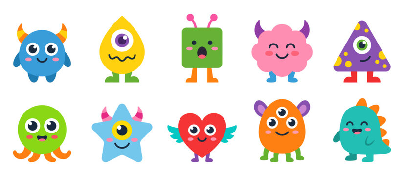 Set of ten cute monsters and funny creatures | Flat vector illustration with colorful cartoon characters smiling