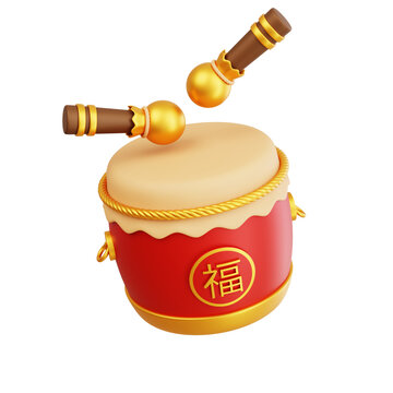 Traditional Chinese drum with drumsticks, symbolizing festivity and cultural heritage. Cute Cartoon 3D Perfect for Chinese New Year celebrations