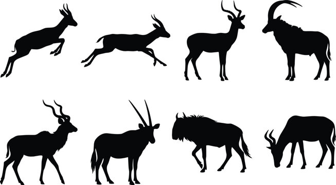 African Antelope and Wild Herbivores Silhouette Set Featuring Gazelle Oryx Kudu and Wildebeest