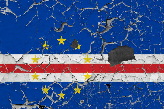 3D Flag of Cape Verde on an old stone wall background.