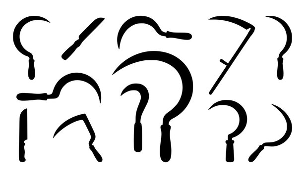 Sickle and scythe silhouette icon set featuring agricultural hand tools curved reaping blades and vintage farming implements