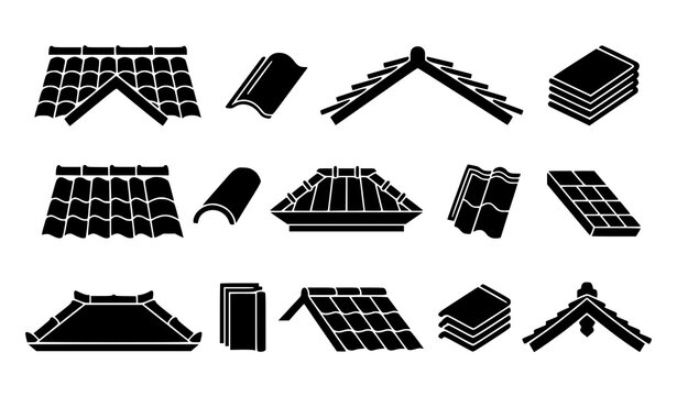 Roof tile silhouette icon set featuring ceramic shingles house rooftops building construction materials and architectural roofing elements