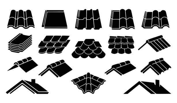 Roof tile silhouette icon set with ceramic shingles house rooftops clay panels and building construction materials vector