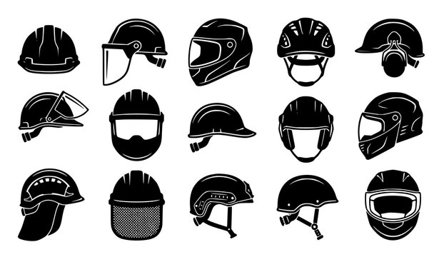 Protective safety helmet icon set featuring construction hard hats motorcycle full face helmets welding masks and industrial visors