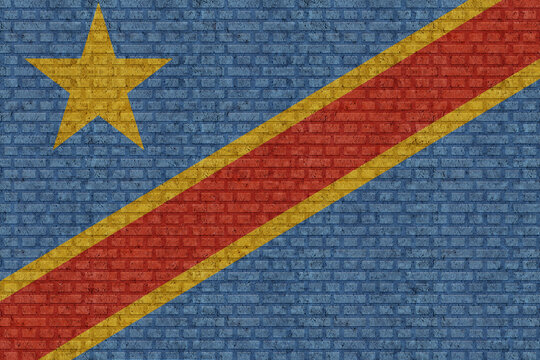 3D Flag of DR Congo on a old brick wall background.