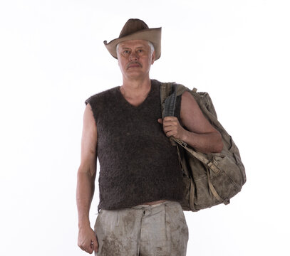 Vintage old man traveler mountaineer isolated on white background