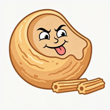 Funny cheeky beige cream character sticking tongue out next to churros vector illustration