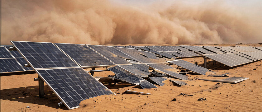 Solar panels damaged by severe sandstorm in desert renewable energy farm