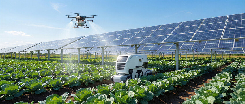 Agrivoltaic farm with solar panels agricultural robot and service drone