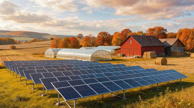 Solar panels beside greenhouse and red barn on autumn sustainable farm