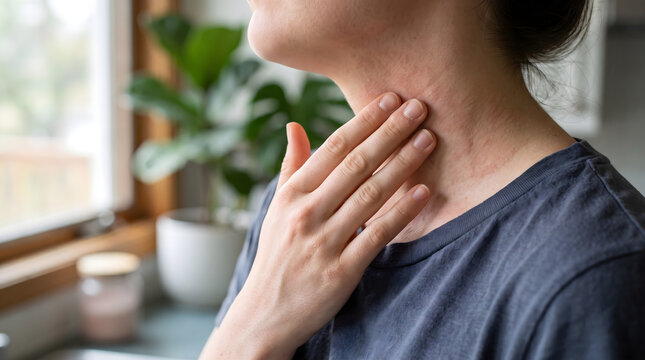 Woman touching irritated red skin on her neck near a window