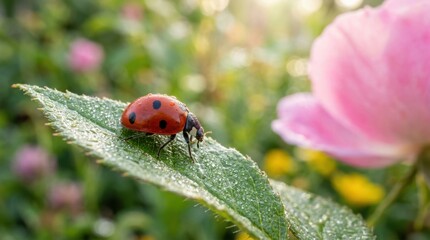 Fototapeta premium Ladybug resting on a dewy green leaf with a soft focus pink rose and bokeh background, macro photography
