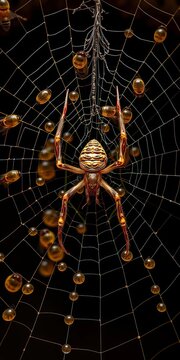 Golden orb weaver spider's larder filled with honey bees, surrounded by silk threads, apiculture, ||honey bees