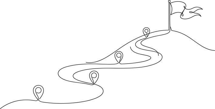 Continuous single line drawing of winding mountain pathway with navigation pin markers leading up to flag at summit peak