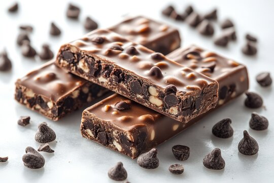 Stacked Chocolate Bars with Chocolate Chips and Nuts  Rich Textured of Premium Chocolate Photo.
