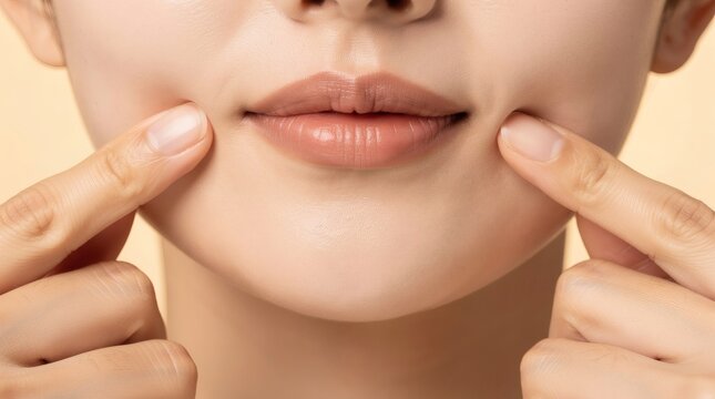 Woman's lower face with fingers touching the corners of her mouth as part of a skincare or massage routine.