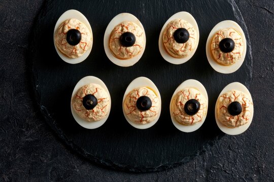 Halloween deviled eggs decorated as spooky eyeballs