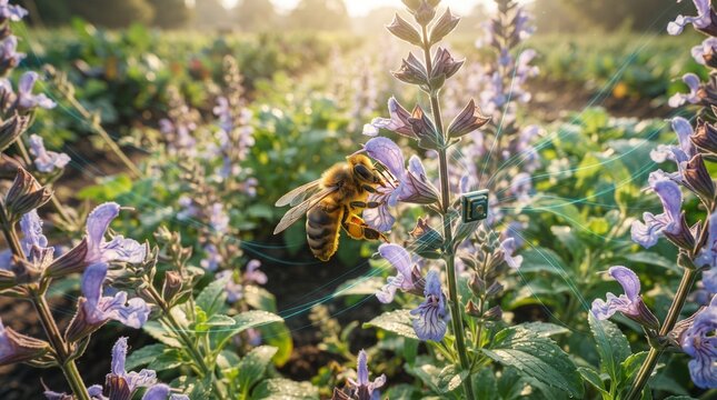 Honeybee pollinating purple sage flowers in morning light, honey bee collecting nectar on lavender blossoms, agricultural field background